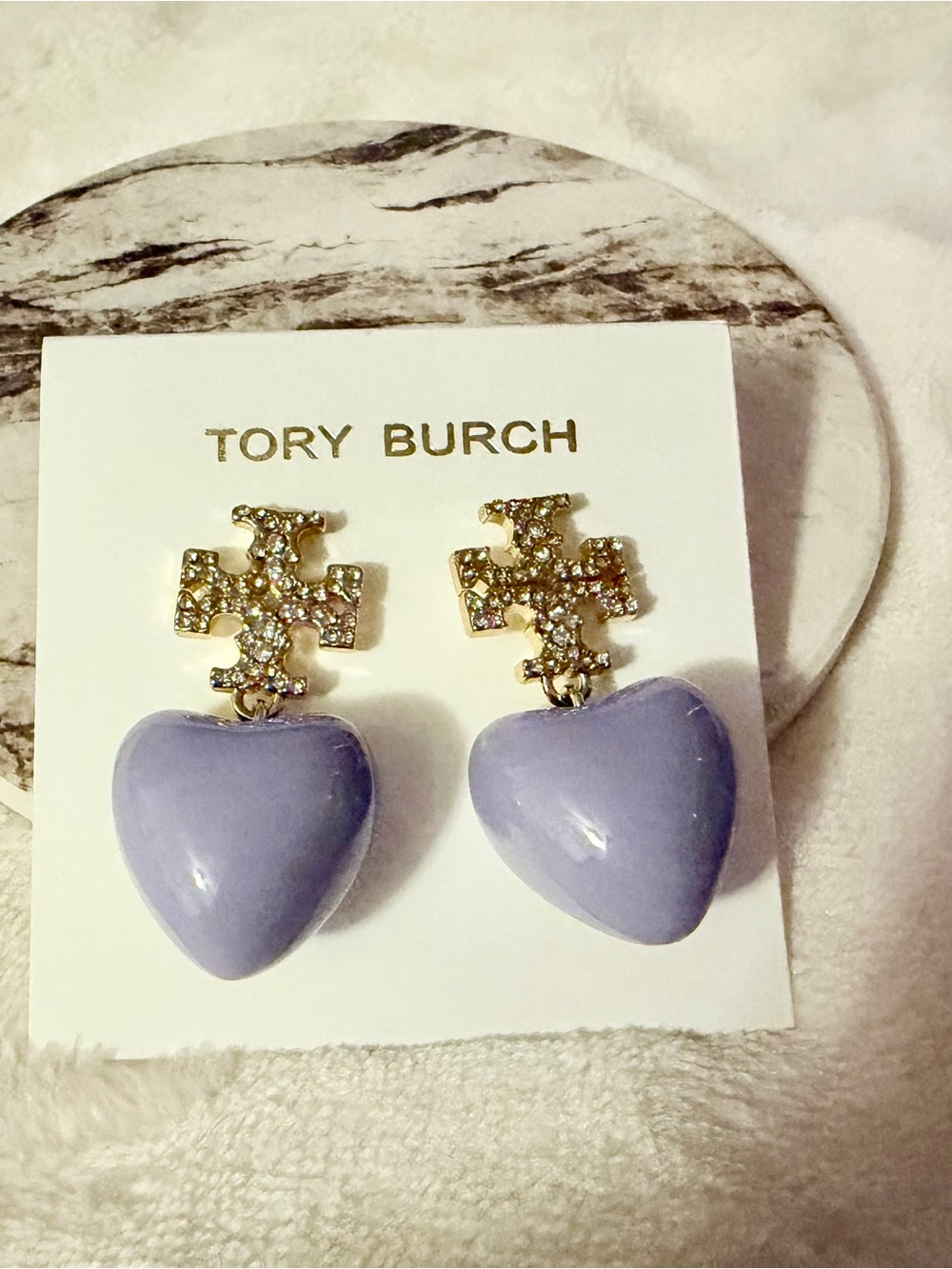 Tory Burch Lilac Heart Drop Earrings with Gold Crystal Logo